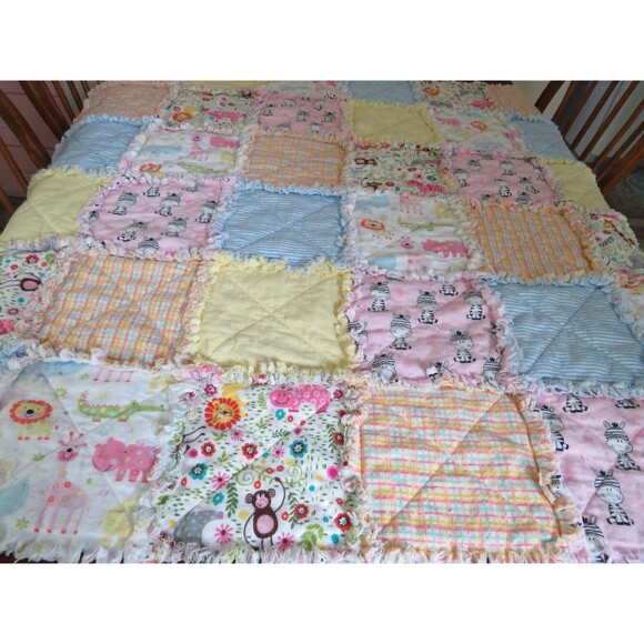 Flannel Rag Quilt With Batting 43 x 43, Jungle Animals Baby Shower Gift - Picture 2 of 12